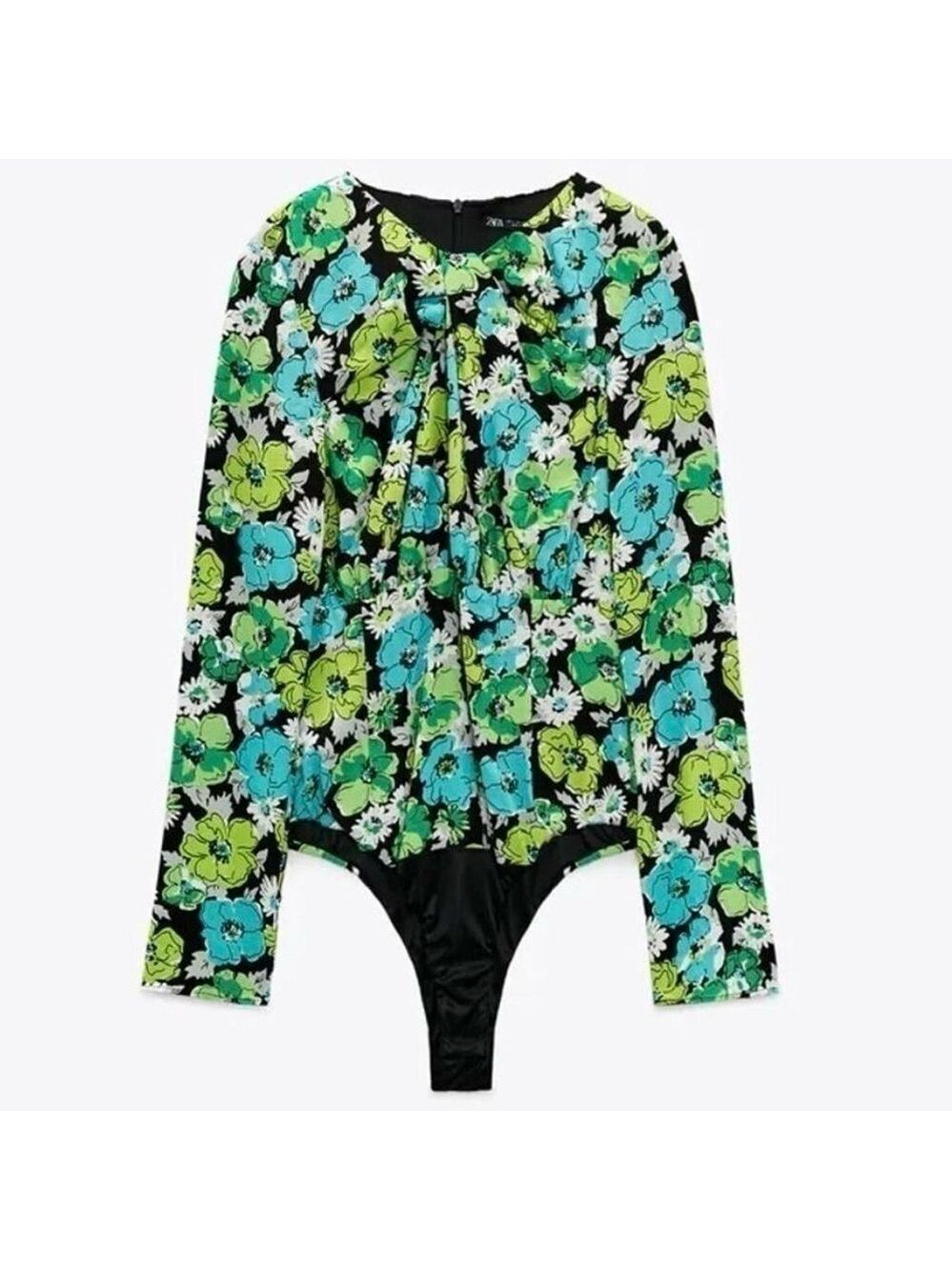 Zara blue green floral flower long sleeve cutout pleated bodysuit NWT